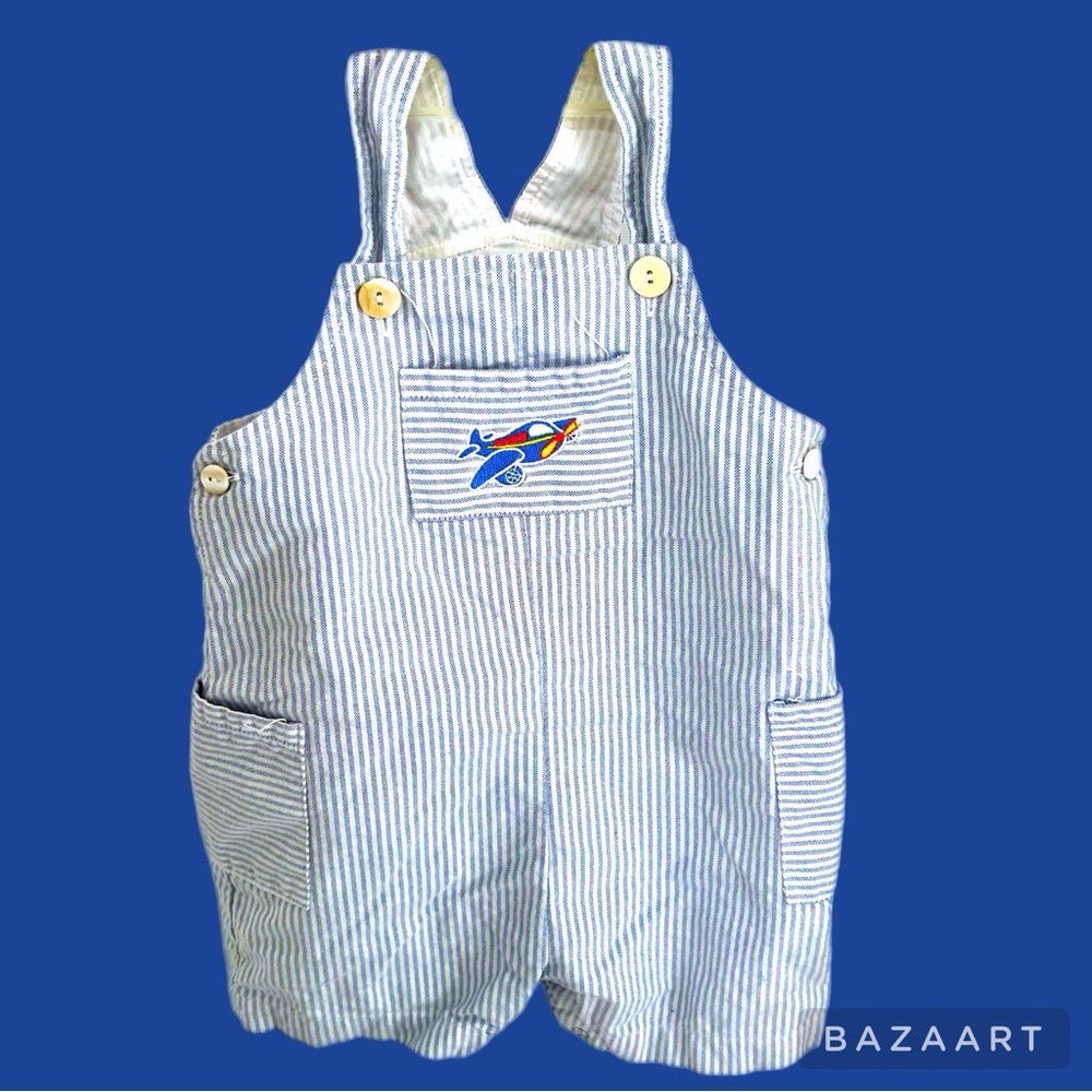 Petit‎ Confection Seer Sucker Striped Airplane Overalls One Piece Romper